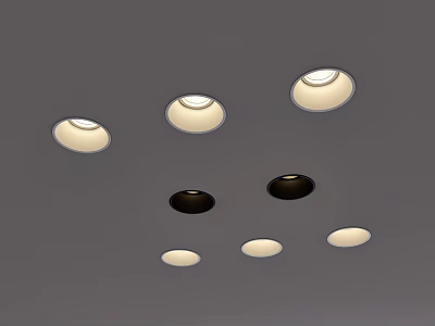 Multiple White and Black Illuminated Downlights and Spotlights on Gray Ceiling 3d model