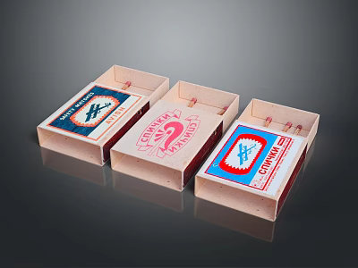 Three Vintage Matchboxes With Colorful Labels And Distinct Designs On Reflective Surface 3d model