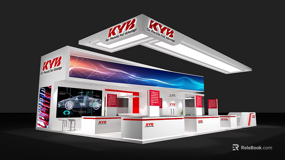 KYB Exhibition Booth Featuring White Structure Top Logo Car Graphics Colorful Screen And Red Boards 3d model 