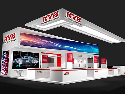 KYB Exhibition Booth Featuring White Structure Top Logo Car Graphics Colorful Screen And Red Boards 3d model