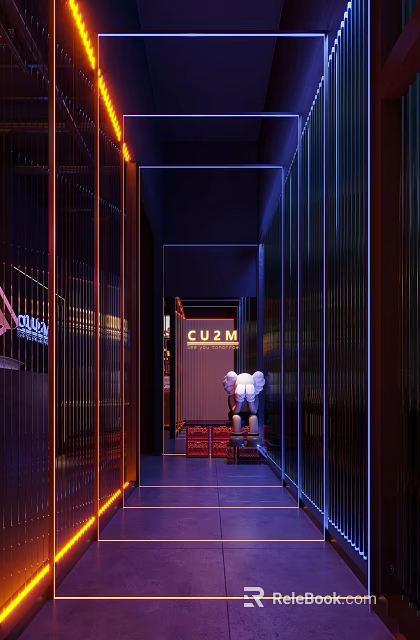 Modern Elegant KTV Corridor Design with Neon Lights and Stylish Seats 3d model 
