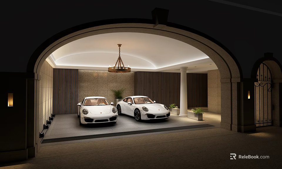 Elegant Parking Garage Featuring Two White Porsche Cars Arched Entrance Chandelier And Potted Plants 3d model 