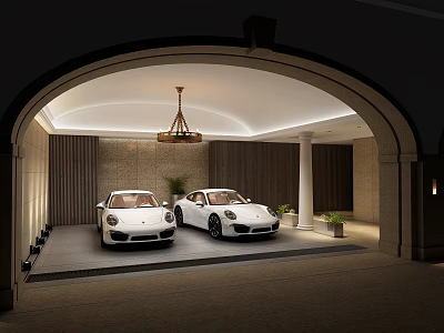 Elegant Parking Garage Featuring Two White Porsche Cars Arched Entrance Chandelier And Potted Plants 3d model