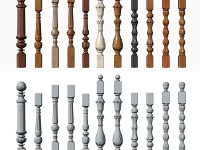 Various Wooden and Metal Balusters with Traditional Carved and Modern Sleek Decorative Designs 3d model