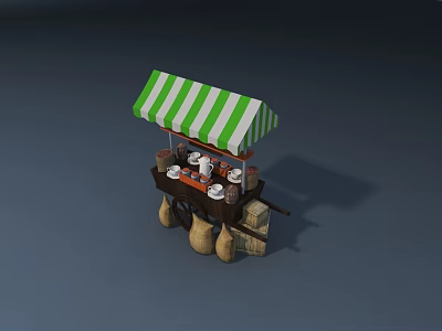 Functional Cart With Green And White Striped Awning Holding Cups Plates Sacks And Stones 3d model