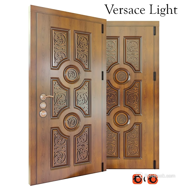 Ornate Carved Wooden Double Doors With Intricate Patterns And Metal Handle Design 3d model 