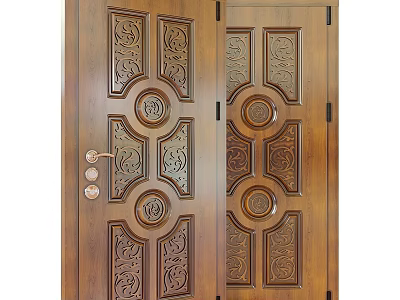 Ornate Carved Wooden Double Doors With Intricate Patterns And Metal Handle Design 3d model
