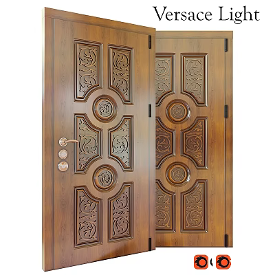 Ornate Carved Wooden Double Doors With Intricate Patterns And Metal Handle Design 3d model