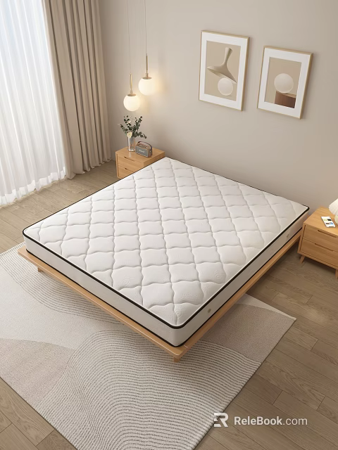 White Diamond Quilted Mattress In Bedroom With Wooden Frame Nightstand Lamp And Plant 3d model 