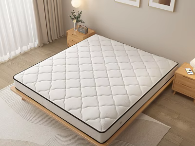 White Diamond Quilted Mattress In Bedroom With Wooden Frame Nightstand Lamp And Plant 3d model