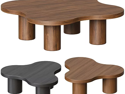 Modern Petal Shaped Coffee Table With Wooden And Black Finish And Cylindrical Legs 3d model