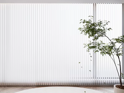 White Vertical Blinds Curtain For Window In Bright Interior With Green Plant 3d model