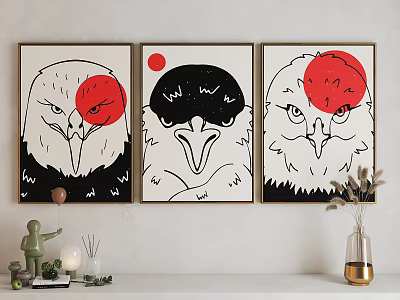 Animal Paintings Eagle Head Black White Line Art With Red Circular Accents Framed Wall Decor 3d model