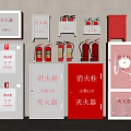 Fire Equipment Display With Red And White Cabinets And Multiple Extinguishers 3d model