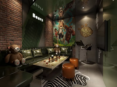 KTV Room Interior With Brick Wall Green Wall Bears Mural Teddy Bear Plush And Sofa 3d model