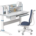 Modern White And Blue Adjustable Desk With Bookshelf Books Pen Holder Laptop And Office Chair