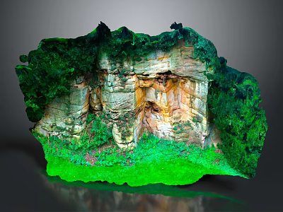 Natural Rocky Terrain with Green Vegetation Textured Surface and Caves and Lush Moss at Base 3d model