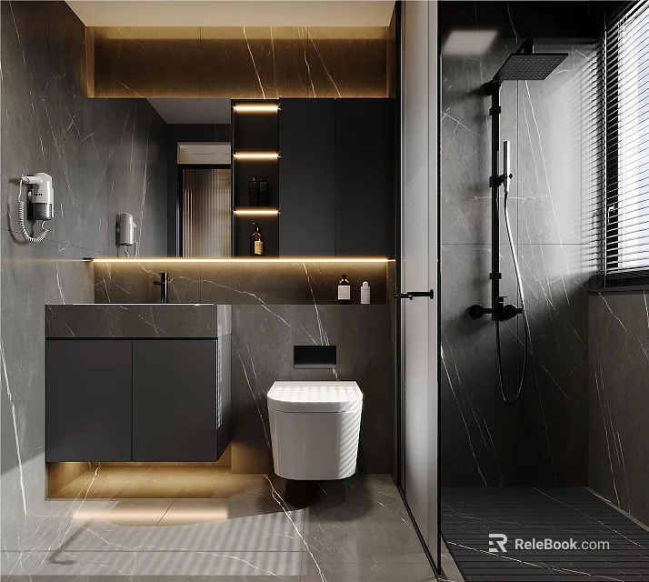 Modern Bathroom Interior Design With Marble Walls Wall Hung Toilet And Undermount Sink 3d model 