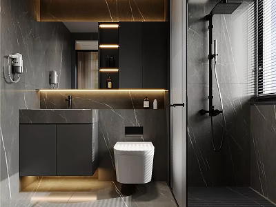 Modern Bathroom Interior Design With Marble Walls Wall Hung Toilet And Undermount Sink 3d model