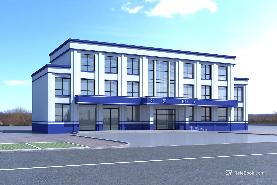 Blue and White Multi Storey Office Building With Spacious Entrance And Large Windows 3d model 