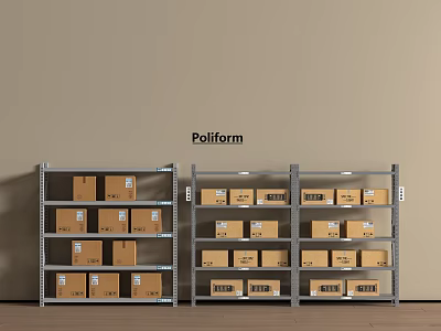Poliform Metal Storage Shelves With Brown Boxes Organized On Multiple Levels 3d model
