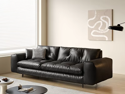 Modern Living Room Interior Black Leather Sofa Coffee Table Set With Checkered Pillow 3d model