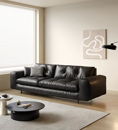 Modern Living Room Interior Black Leather Sofa Coffee Table Set With Checkered Pillow 3d model