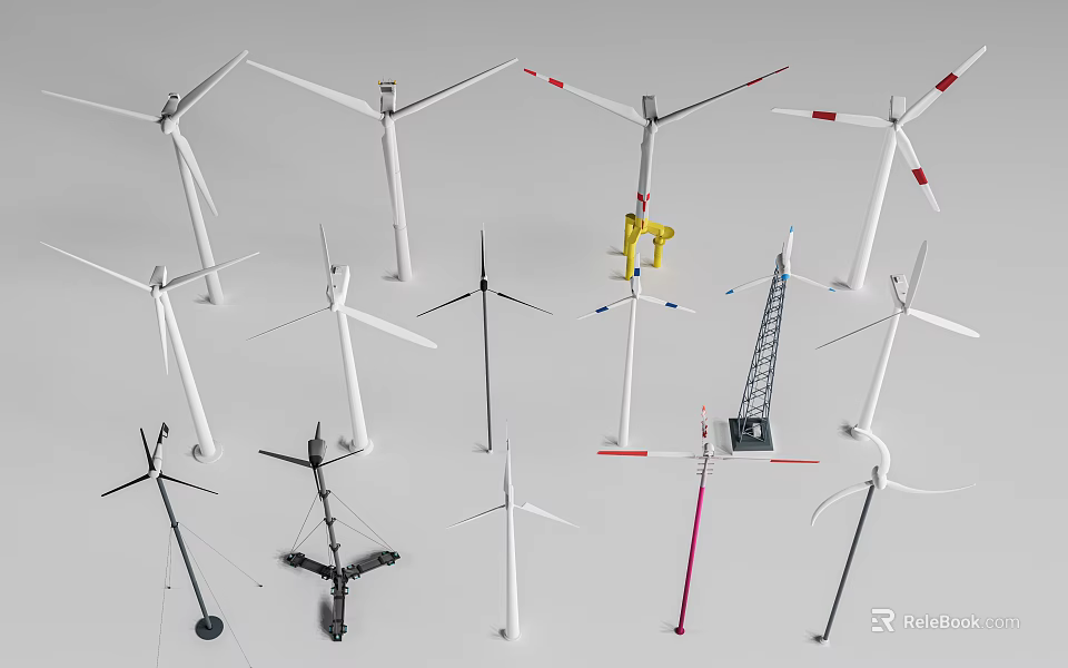 Industrial Wind Turbine Equipment Various Models For Renewable Energy Production With Tower And Blade Structures 3d model 
