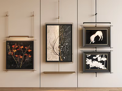 Stylish Framed Decorative Paintings With Various Designs Hanging On Beige Wall 3d model