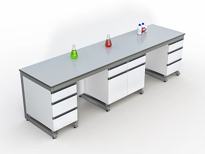 Laboratory Workbench with Colored Conical Flasks Drawers and Cabinets in White and Gray Design 3d model