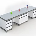 Laboratory Workbench with Colored Conical Flasks Drawers and Cabinets in White and Gray Design