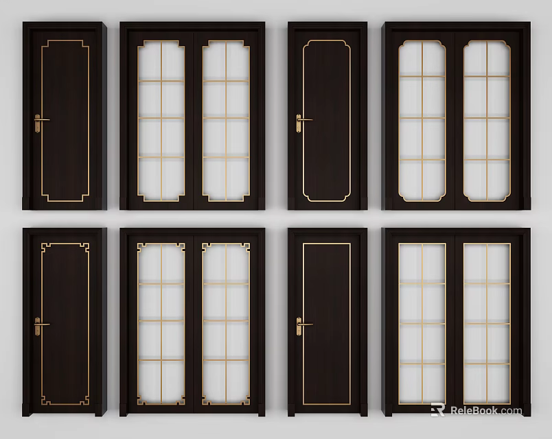 Stylish Sliding Doors With Glass Panel And Solid Panel Designs Dark Frames Gold Accents 3d model