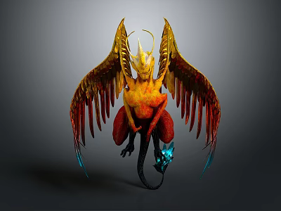Fantasy Mythical Winged Creature with Golden Red Wings Horned Head And Blue Glowing Tail 3d model