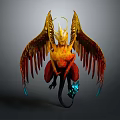 Fantasy Mythical Winged Creature with Golden Red Wings Horned Head And Blue Glowing Tail