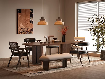 Natural Style Dining Table Set With Wooden Chairs Bench Pendant Lights And Plant 3d model