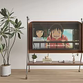 TV on Wooden Stand with Metal Legs Small Potted Plant Books and Large Green Plant