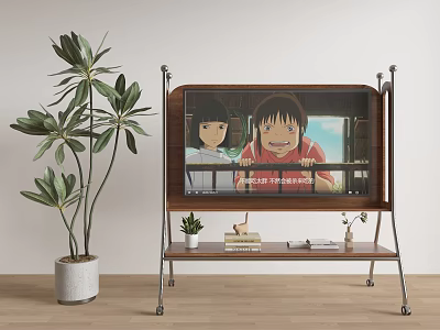 TV on Wooden Stand with Metal Legs Small Potted Plant Books and Large Green Plant 3d model