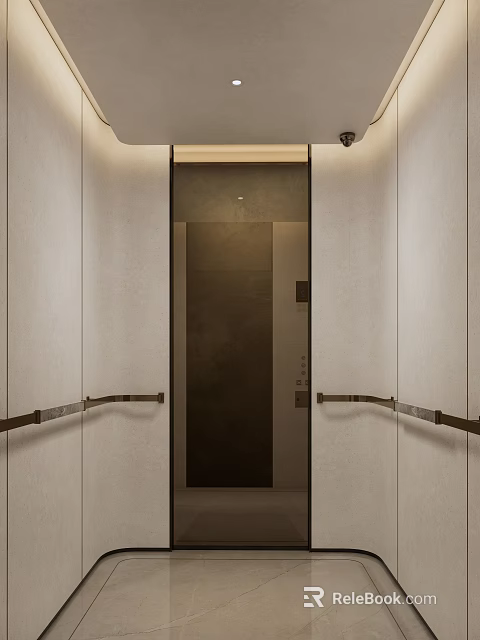Modern Minimalist Elevator Interior Design With Beige Walls And Metal Handrails 3d model 