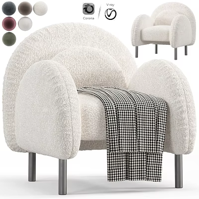 Plush Accent Chair with Round Arms Checkered Blanket and Metal Legs Color Options 3d model