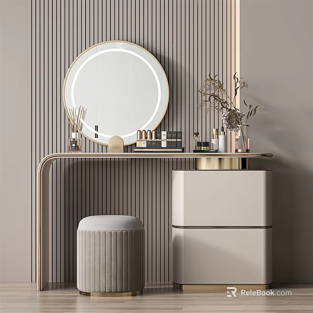 Stylish Dressing Table With Round Gold Frame Mirror Cosmetics Vase Plants And Stool 3d model 