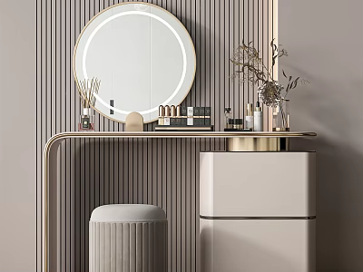 Stylish Dressing Table With Round Gold Frame Mirror Cosmetics Vase Plants And Stool 3d model