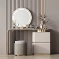 Stylish Dressing Table With Round Gold Frame Mirror Cosmetics Vase Plants And Stool