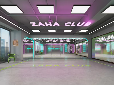 ZAHA CLUB Modern Fitness Interior With Neon Lights Mirrored Walls And Equipment 3d model