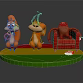 Animated Squirrels And Sloth Characters On Colorful Platform With Red Sofa 3d model