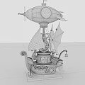 Steampunk Fantasy Airship Ship Hybrid With Crown Logo Sails And Mechanical Gears