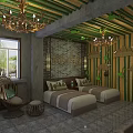 Hotel Room Featuring Two Beds Beige White Bedding Green Bamboo Walls Leaf Patterns Chandelier