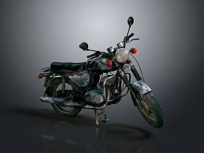 Vintage Dark Green Motorcycle With Round Headlight And Rearview Mirrors 3d model