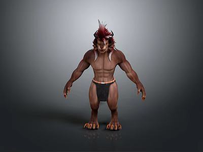 Anthropomorphic Lion Warrior Character With Red Mane Muscular Body And Black Loincloth Standing Pose 3d model