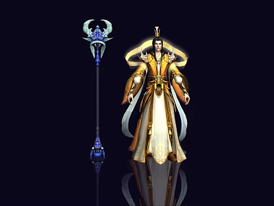 Fantasy Game Movie Character In Golden White Robe With Flowing Sleeves And Blue Staff 3d model