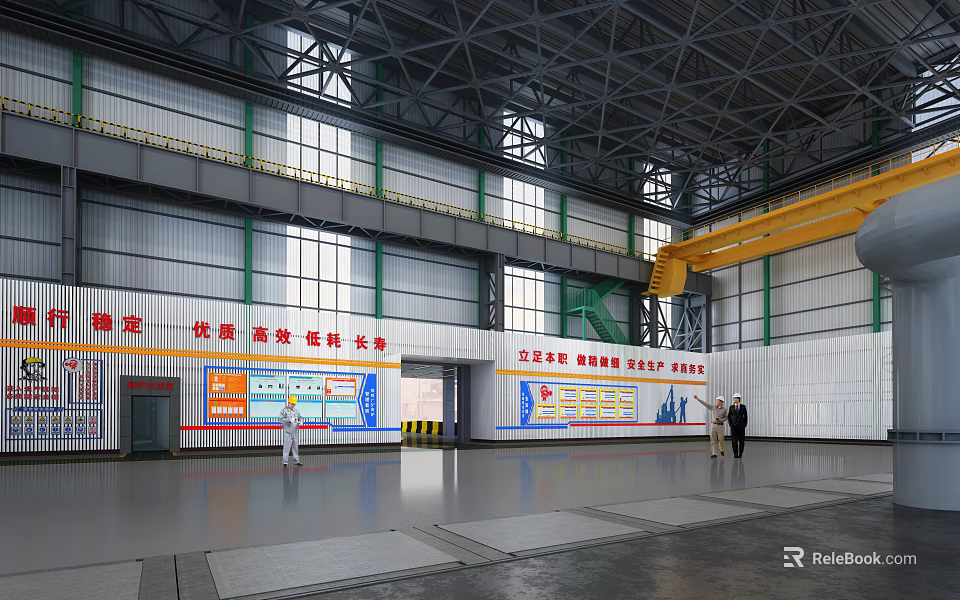 Industrial Factory Interior With Steel Structure Roof Large Windows Yellow Crane And Wall Signs 3d model 